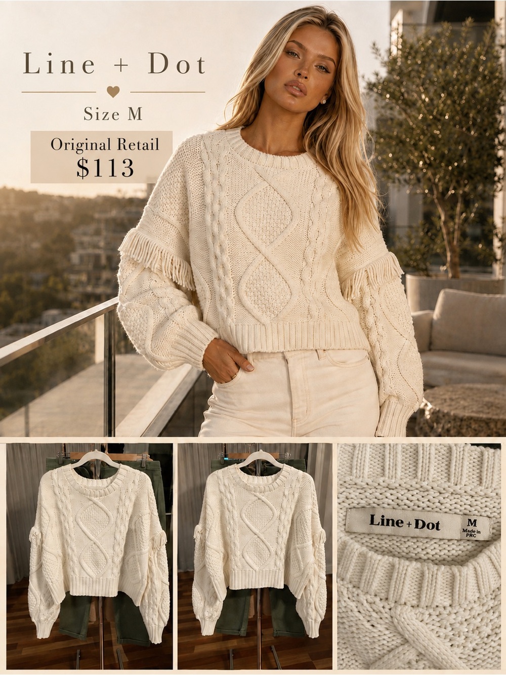 Line & Dot Cream Cable Knit Fringe Crewneck Sweater